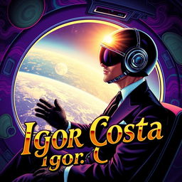 A vibrant and vintage psychedelic typographic illustration featuring a man dressed in a sleek black suit and black gloves