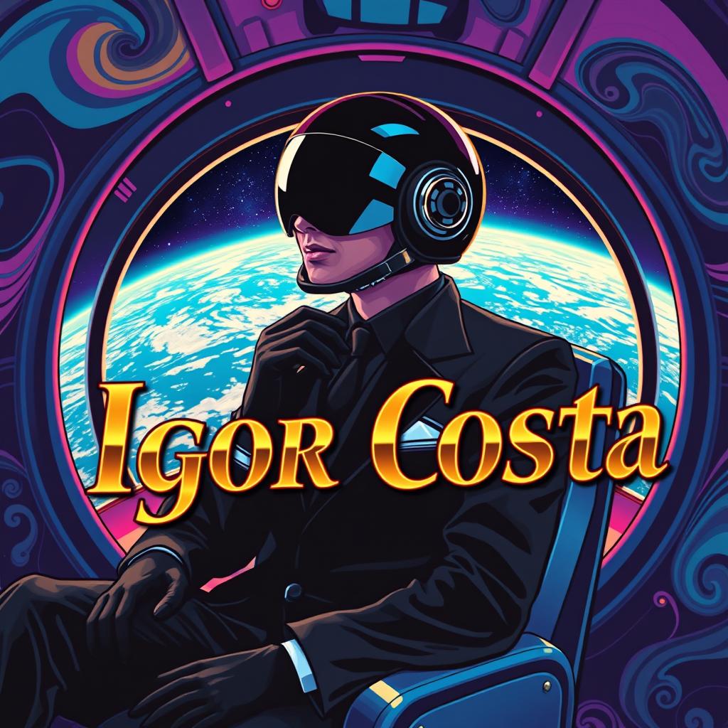 A vibrant and vintage psychedelic typographic illustration featuring a man dressed in a sleek black suit and black gloves