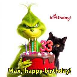A grumpy Grinch, characterized by his unmistakable green fur and frown, is holding a festive birthday cake that displays the numbers '33' surrounded by colorful candles