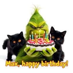 A grumpy Grinch, characterized by his unmistakable green fur and frown, is holding a festive birthday cake that displays the numbers '33' surrounded by colorful candles