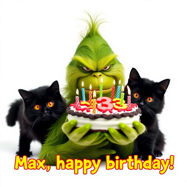 A grumpy Grinch, characterized by his unmistakable green fur and frown, is holding a festive birthday cake that displays the numbers '33' surrounded by colorful candles