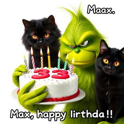 A grumpy Grinch, characterized by his unmistakable green fur and frown, is holding a festive birthday cake that displays the numbers '33' surrounded by colorful candles