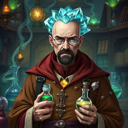 A character inspired by Walter White from Breaking Bad, depicted as an Earth Genasi alchemist with striking crystal hair that gleams like precious gems