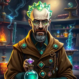 A character inspired by Walter White from Breaking Bad, depicted as an Earth Genasi alchemist with striking crystal hair that gleams like precious gems
