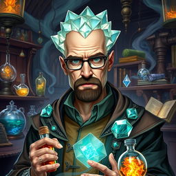 A character inspired by Walter White from Breaking Bad, depicted as an Earth Genasi alchemist with striking crystal hair that gleams like precious gems
