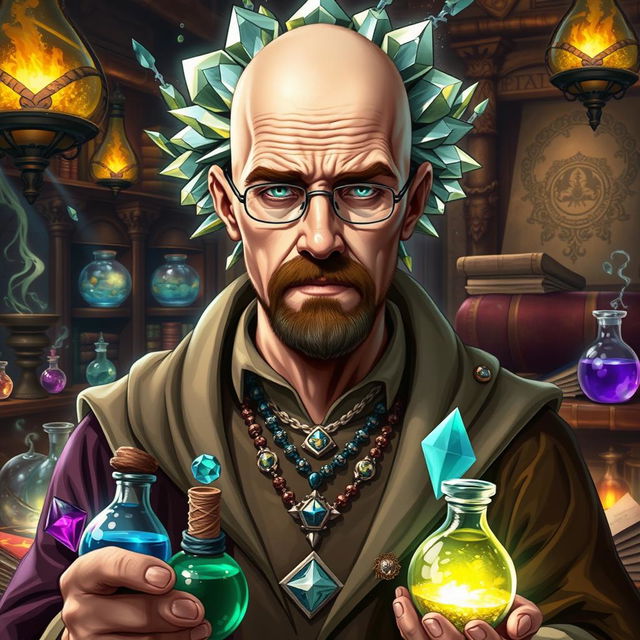 A character inspired by Walter White from Breaking Bad, depicted as an Earth Genasi alchemist with striking crystal hair that gleams like precious gems