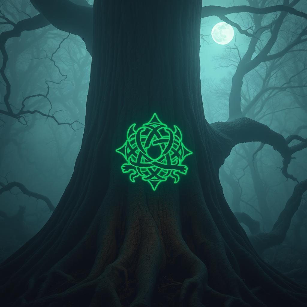 An eerie, intricate symbol carved into the bark of an ancient tree, surrounded by a dense fog