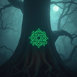 An eerie, intricate symbol carved into the bark of an ancient tree, surrounded by a dense fog