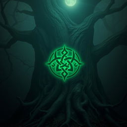 An eerie, intricate symbol carved into the bark of an ancient tree, surrounded by a dense fog