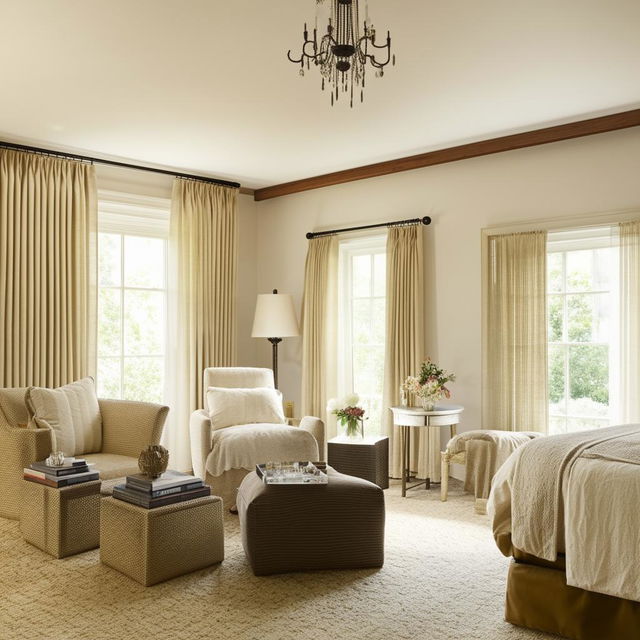 A well-appointed master bedroom complete with a large bed, end tables, a dressing table, a set of lounge chairs, floor-length curtains, a chandelier, and soothing color palette.