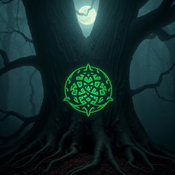 An eerie, intricate symbol carved into the bark of an ancient tree, surrounded by a dense fog