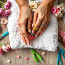 A close-up view of hands carefully cutting nails using bright, colorful nail clippers