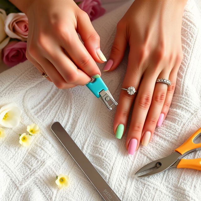A close-up view of hands carefully cutting nails using bright, colorful nail clippers