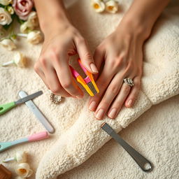 A close-up view of hands carefully cutting nails using bright, colorful nail clippers