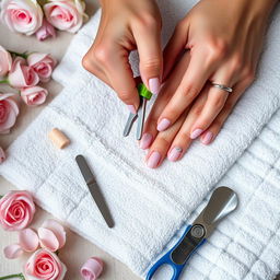 A close-up view of hands carefully cutting nails using bright, colorful nail clippers
