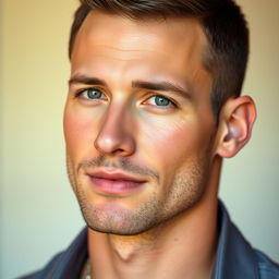 A high-quality portrait of a man with a clean-shaven face, showcasing a strong jawline and smooth skin