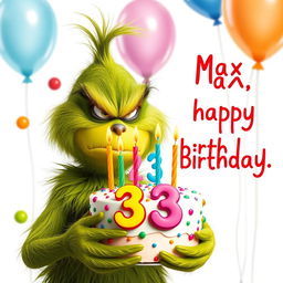 A grumpy Grinch, instantly recognizable by his signature green fur and frowning expression, is holding a colorful birthday cake that features the numbers '33' and vibrant candles atop it
