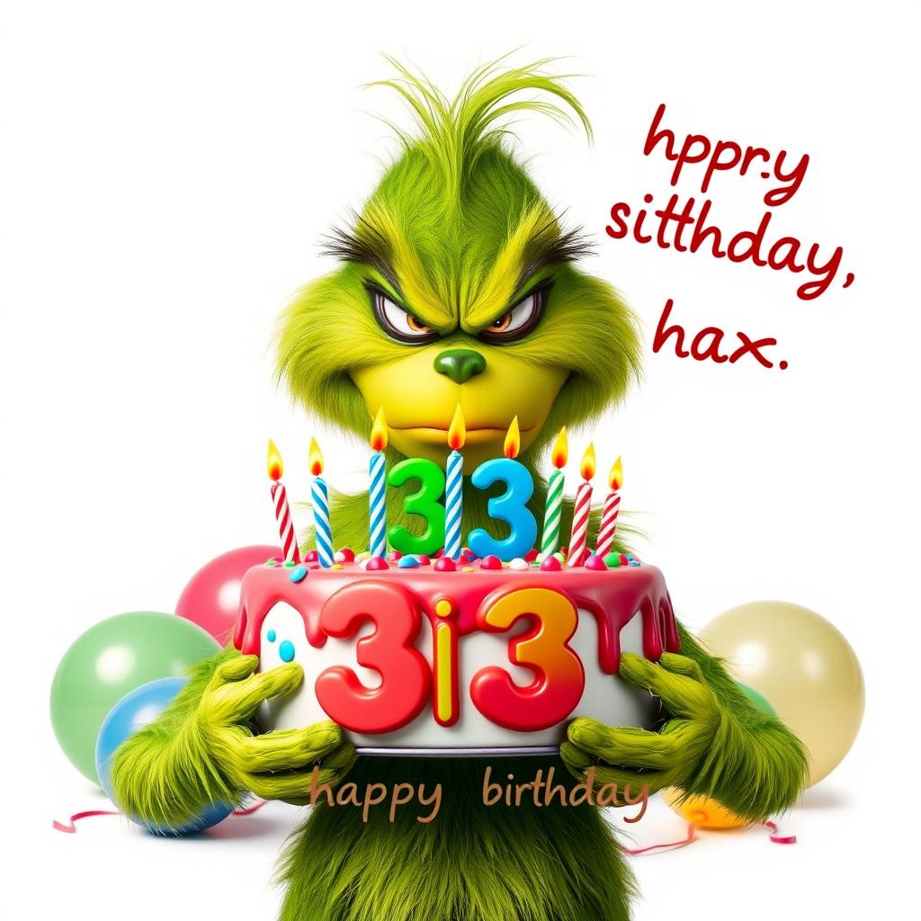 A grumpy Grinch, instantly recognizable by his signature green fur and frowning expression, is holding a colorful birthday cake that features the numbers '33' and vibrant candles atop it
