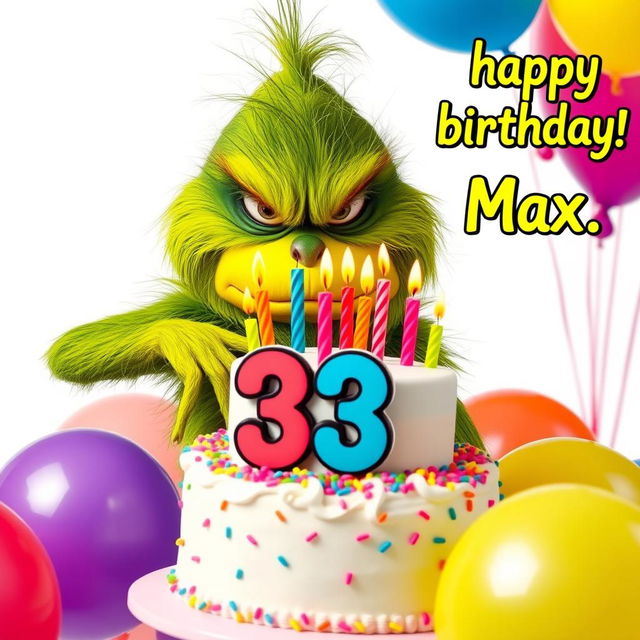 A grumpy Grinch, instantly recognizable by his signature green fur and frowning expression, is holding a colorful birthday cake that features the numbers '33' and vibrant candles atop it