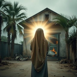 A young girl in a hijab embraced by a radiant, young woman representing Lady Fatima, with the girl's face not visible as her back is turned towards the camera