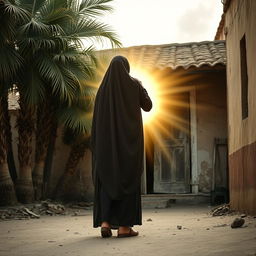 A young girl in a hijab embraced by a radiant, young woman representing Lady Fatima, with the girl's face not visible as her back is turned towards the camera