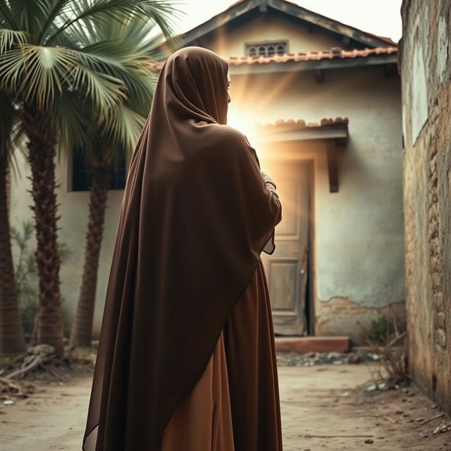 A young girl in a hijab embraced by a radiant, young woman representing Lady Fatima, with the girl's face not visible as her back is turned towards the camera