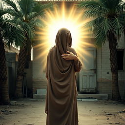 A young girl in a hijab embraced by a radiant, young woman representing Lady Fatima, with the girl's face not visible as her back is turned towards the camera