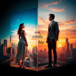 A visually impactful book cover depicting a couple who are physically separated, each standing in their respective city environments