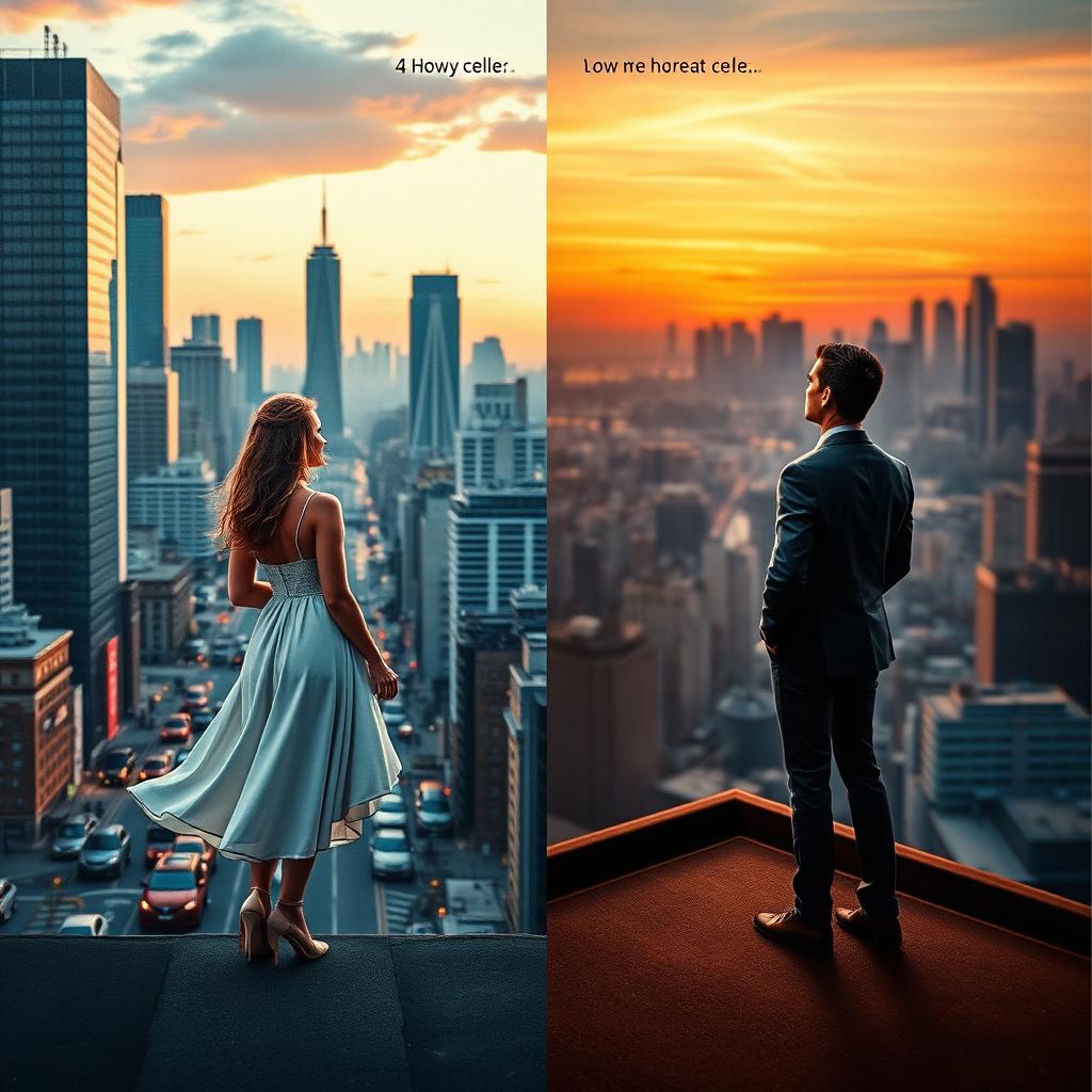 A visually impactful book cover depicting a couple who are physically separated, each standing in their respective city environments