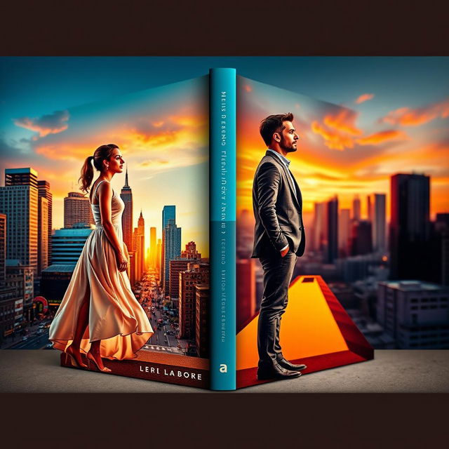 A visually impactful book cover depicting a couple who are physically separated, each standing in their respective city environments