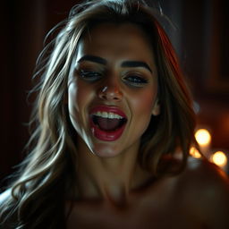 A close-up shot of a beautiful and sensual woman expressing pleasure, featuring dramatic lighting and a suggestive atmosphere