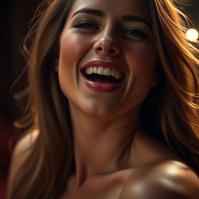 A close-up shot of a beautiful and sensual woman expressing pleasure, featuring dramatic lighting and a suggestive atmosphere