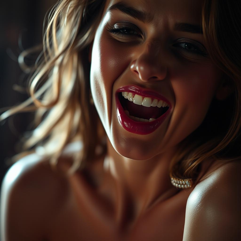 A close-up shot of a beautiful and sensual woman expressing pleasure, featuring dramatic lighting and a suggestive atmosphere