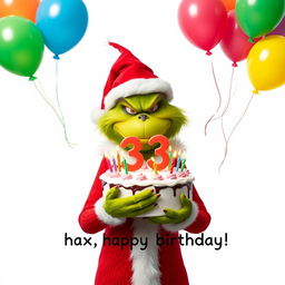 A grumpy Grinch wearing a red and white Santa Claus costume, complete with a hat, is holding a festive birthday cake that showcases the numbers '33' surrounded by brightly colored candles