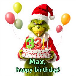 A grumpy Grinch wearing a red and white Santa Claus costume, complete with a hat, is holding a festive birthday cake that showcases the numbers '33' surrounded by brightly colored candles