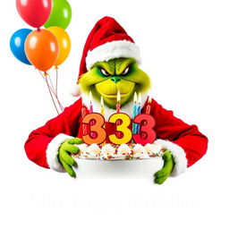A grumpy Grinch wearing a red and white Santa Claus costume, complete with a hat, is holding a festive birthday cake that showcases the numbers '33' surrounded by brightly colored candles