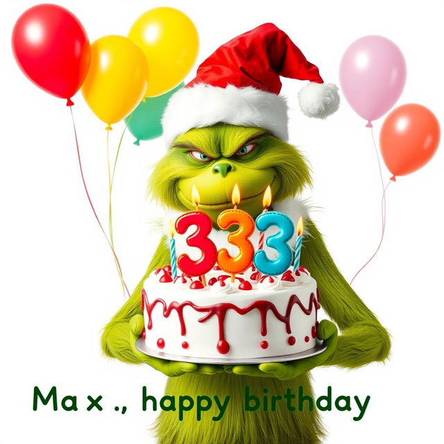 A grumpy Grinch wearing a red and white Santa Claus costume, complete with a hat, is holding a festive birthday cake that showcases the numbers '33' surrounded by brightly colored candles