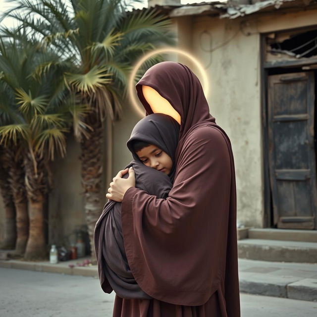 A young girl in a hijab cradled in the arms of a young lady, representing Lady Fatima, with her face glowing with a soft light