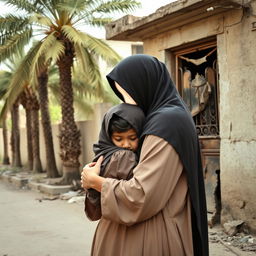 A young girl in a hijab cradled in the arms of a young lady, representing Lady Fatima, with her face glowing with a soft light