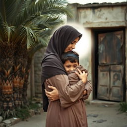 A young girl in a hijab cradled in the arms of a young lady, representing Lady Fatima, with her face glowing with a soft light