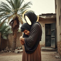 A young girl in a hijab cradled in the arms of a young lady, representing Lady Fatima, with her face glowing with a soft light