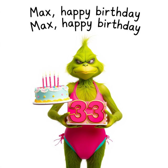 A grumpy Grinch, humorously dressed in a vibrant women’s swimsuit, stands full body holding a colorful birthday cake that features the numbers '33' adorned with candles