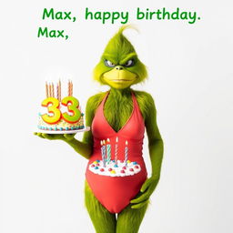 A grumpy Grinch, humorously dressed in a vibrant women’s swimsuit, stands full body holding a colorful birthday cake that features the numbers '33' adorned with candles