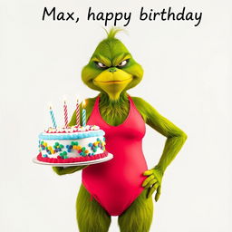 A grumpy Grinch, humorously dressed in a vibrant women’s swimsuit, stands full body holding a colorful birthday cake that features the numbers '33' adorned with candles