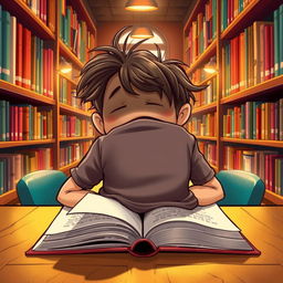 A whimsical caricature of a young man sleeping in a library