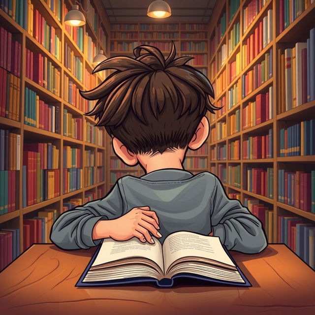 A whimsical caricature of a young man sleeping in a library