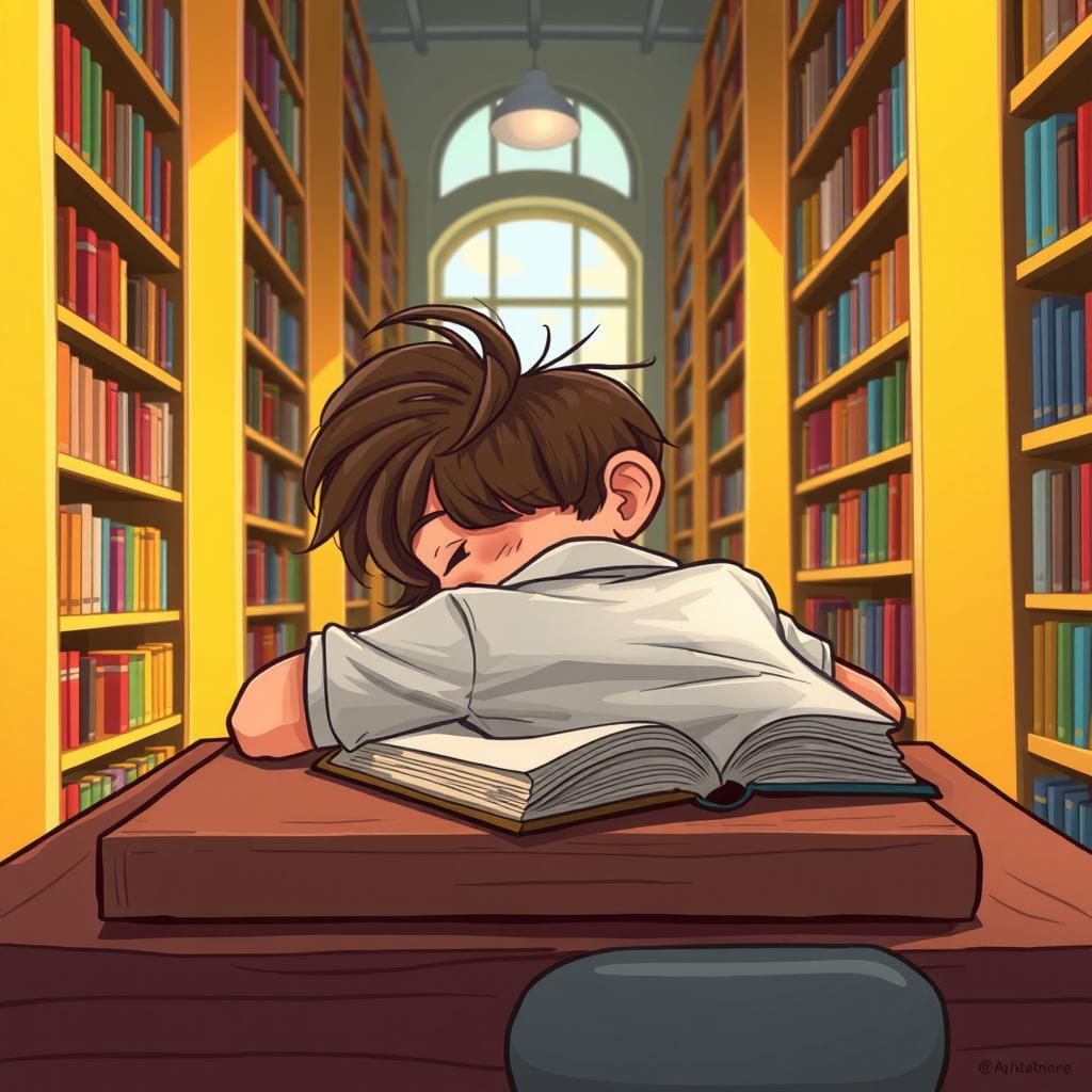 A whimsical caricature of a young man sleeping in a library