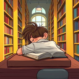 A whimsical caricature of a young man sleeping in a library