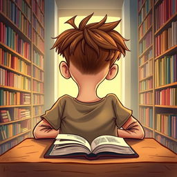 A whimsical caricature of a young man sleeping in a library