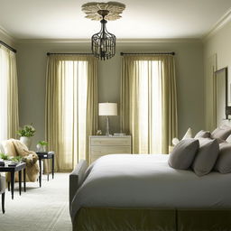 A well-appointed master bedroom complete with a large bed, end tables, a dressing table, a set of lounge chairs, floor-length curtains, a chandelier, and soothing color palette.